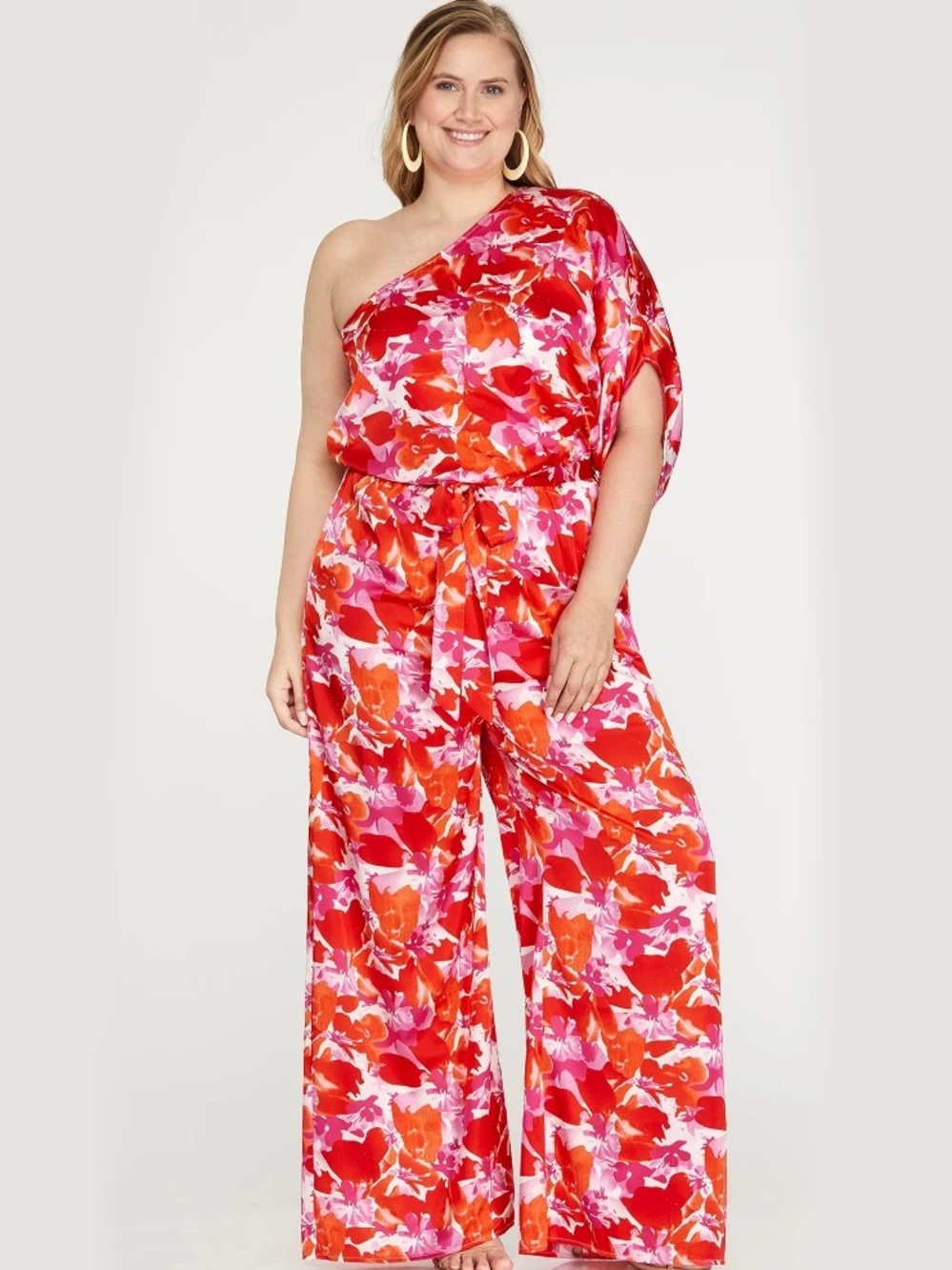 She & Sky Size 2XL One-Shoulder Floral Wide-Leg Jumpsuit - Red Pink